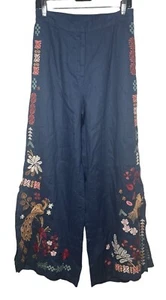 Johnny Was Zuzu High Slit Womens Pant XL Navy Embroidered Wide Leg Trouser $248 - Picture 1 of 8