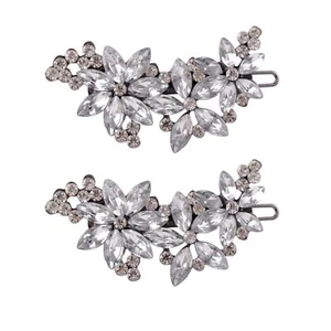 2PCS Silver Fancy Hair Clips Rhinestone Crystal Flower Hair Clips for Bride - Picture 1 of 8