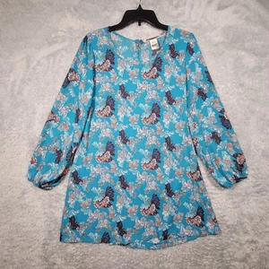 American Rag Shirt Womens Medium Teal Blue Butterfly Tunic Keyhole Back - Picture 1 of 9