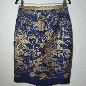 Anthropologie Eva Franco Novelty Asian Japanese Print Brocade Gold Navy Sz 2 - Picture 1 of 7