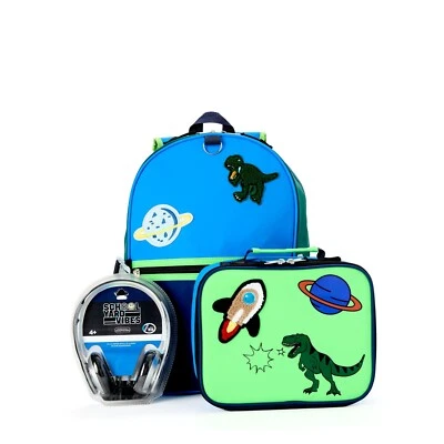 Dinosaur 3 Piece Backpack Set Headphones Lunch Box Blue Green 17" School Bag - Image 1 of 4