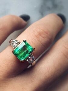 3CT Emerald Cut Green Emerald Three Stone Engagement Ring 14K White Gold Finish