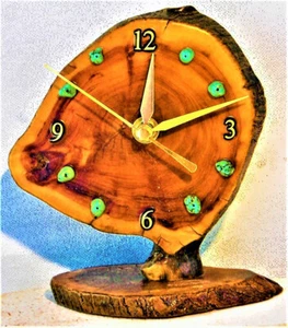 Burlwood Desk Clock with Turquoise Stones 6" x 5.5" x 3.5" Rustic Log Cabin Styl - Picture 1 of 4