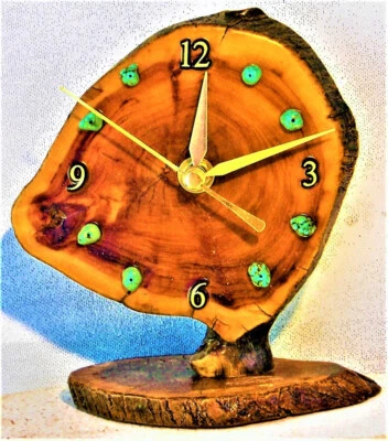 Burlwood Desk Clock with Turquoise Stones 6" x 5.5" x 3.5" Rustic Log Cabin Styl - Image 1 of 4