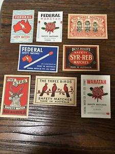 Lot of 6 Vintage Australian Matchbox Labels Poodles Stag Birds Federal Waratah - Picture 1 of 10