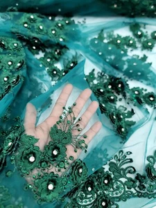 Emerald Green Beaded 3d Floral Cluster Lace Fabric Sold By The Yard - Picture 1 of 13