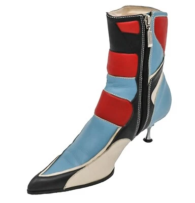 RARE Y2K Red Blue Club Kid Moto Pointed Boots 37 Leather Ankle Kitten Heel Boots - Image 1 of 4