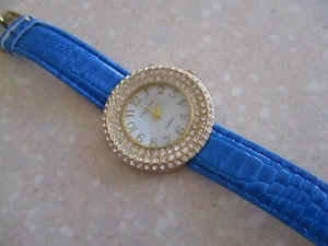 REDUCED $3.00 - New PEDRE Womens Watch Royal Blue Leather Band, Swarovski Beads - Picture 1 of 8