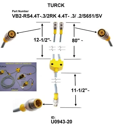 NEW M12 TURCK U0943-20 PARALLEL SENSOR CABLE VB2-RS4.4T-.3/2RK4.4T-.3/2/S651/SV - Image 1 of 4