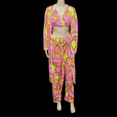 60s Lounge Pant Set LeVoys Nylon Psychedelic Paisley Pants Crop Top Robe Top Vtg - Image 1 of 4