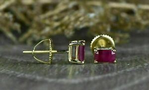 14K Yellow Gold Finish 2Ct Emerald Cut  Red Ruby Solitaire Woman's Stud Earring