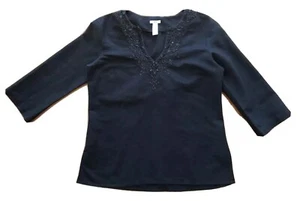 Old Navy Women Top Boho Embroidered Beaded Black Linen Cotton Blouse Size S - Picture 1 of 6