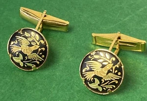 Vintage Gold Tone Damascene Enamel Cufflinks Bird Dove Peace Emblem - Picture 1 of 4