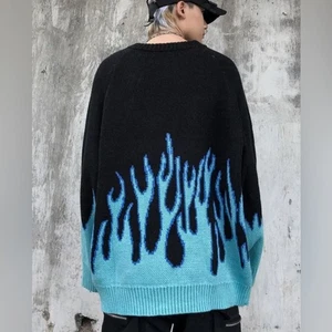 Maglione TIDE CARD LOG Flame Fire blu nero hip hop maglia streetwear gotico - Foto 1 di 16