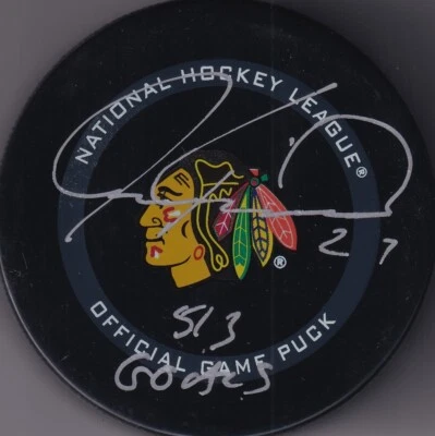 BECKETT JEREMY ROENICK 513 GOALS SIGNED CHICAGO BLACKHAWKS REAL GAME PUCK V12336 - Image 1 of 2