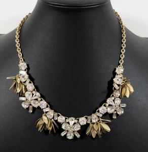 J Crew Signed Clear Crystal and Gold Tone Leaves Statement Choker Necklace - Picture 1 of 9