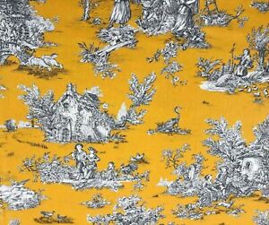 French Pastorale Toile De Jouy Linen Fabric in Yellow | Double Width 280cm Wide