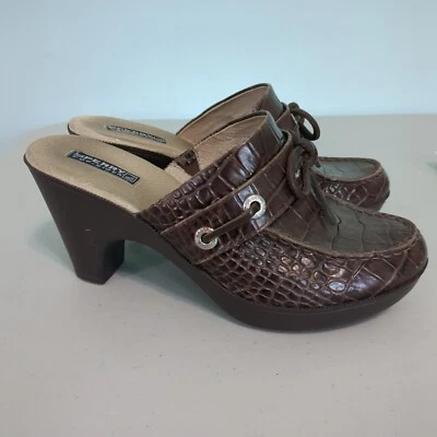 Sperry Top Sider Mule Brown Leather Croc Print Tie Platform Block Heel 7.5 - Image 1 of 4