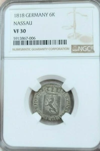 1818 GERMANY SILVER 6 KREUZER 6K NASSAU NGC VF 30 VERY SCARCE IN ANY GRADE - Picture 1 of 5