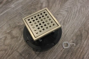 NIB Brushed Antique Brass Gold Tile-In Shower Grid Drain 4". Flange Hair Catcher - Picture 1 of 7