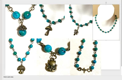 Collar de piedra de crisocola verde azulado, hongo, rama de hojas, gato de la fortuna, pata, acrón Foto 1 de 4