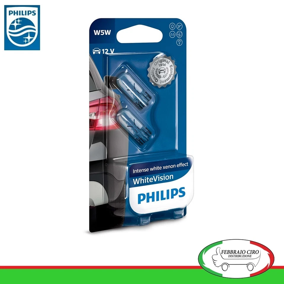 2 Lampade Philips T10 W5W White Vision Lampadine Luci posizione - interno -targa - Immagine 1 di 1