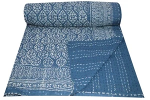 Indian Cotton Hand Block Print Kantha Bedspread Handmade Quilt Twin Size Blanket - Picture 1 of 4