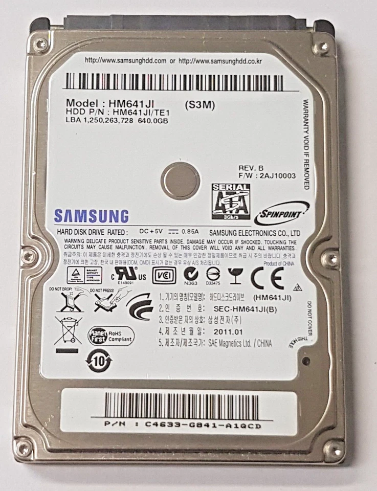 640 GB SATA Samsung Spinpoint HM641JI 5400RPM 8MB HDD 2.5" Disco Rigido Interno - Immagine 1 di 1