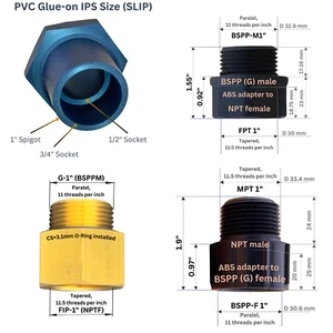 G-1" (BSPP -1") auf NPT-1" Adapter, ABS, Messing. 12 Stück blaue Unterlegscheiben 1" ⬇lesen⬇ - Bild 1 von 2