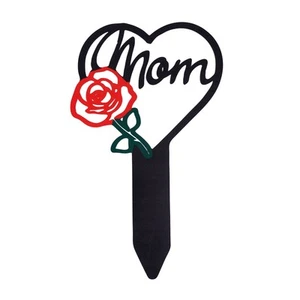 Metal Mom Memorial Grave Marker Heart Shaped Red Rose Garden Decor - Picture 1 of 7