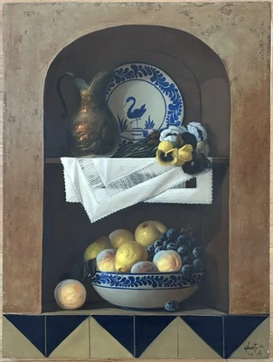 ARMANDO AHUATZI Maestro Artista Mexicano Original Firmado Pintura al Óleo Trompe-l'œil Foto 1 de 4