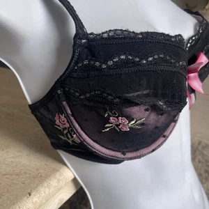 Sujetador Vintage Victoria's Secret Balconette Lazo Satinado Negro Rosa 36C Bordado - Imagen 1 de 16