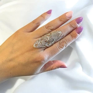 Full Finger Bohemian Leaves Filigree Sterling Silver Ring Size 7.5 - Picture 1 of 7