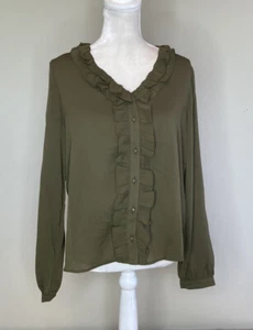 andree by unit NWT women’s Button front ruffle blouse size S olive Q4 - Picture 1 of 8