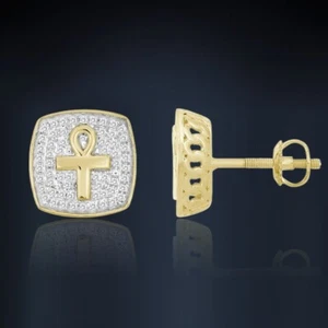 Iced Ankh Men's Stud Earrings 14K White Gold Plated Tester Pass Moissanite - Picture 1 of 6