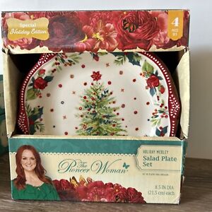 PIONEER WOMAN Holiday Medley Salad Plates 8.5" Dia (2 Xmas tree & 2 Rose plates)