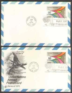 ONU. UXC11. 18c. Emblema irradiato dalle Nazioni Unite. Cartolina Aerea FDC. Lotto di 2. 1975 - Foto 1 di 1