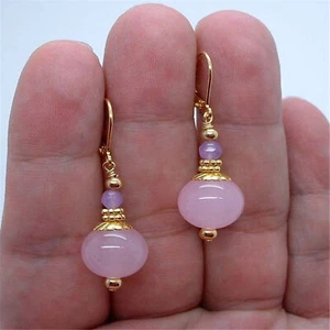 Natural 12MM Rose Quartz round Gemstone Beads Earrings Hook Mesmerizing women - Picture 1 of 1