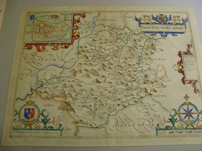 100% ORIGINAL LARGE MONTGOMERYSHIRE MAP BY JOHN SPEED/OVERTON 1715 EDITION - Image 1 of 4