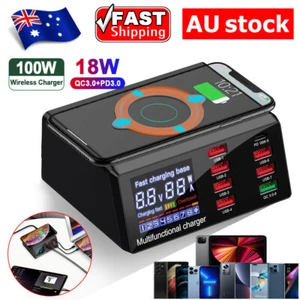100W 8 Ports USB Charger Quick Charge Fast Wireless Charging Station HUB AU Plug - Picture 1 of 19