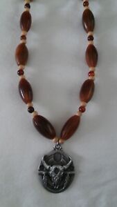 Nut, Wood & Red Agate Necklace w/Pewter Steer & Feathers Pendant