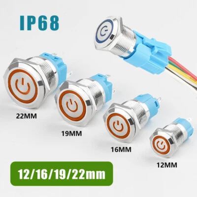 Metal Pushbutton Switch IP68 Waterproof LED Illuminated 12/16/19/22mm 1NO1NC - Image 1 of 4