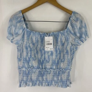 Lush Womens Blouse Shirt Size XL Blue White Tie Dye Short Sleeve Cropped - Picture 1 of 7