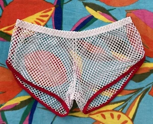 Men's Sexy White & Red Size L Fish Net Elastic Waist Gym Short Shorts - Picture 1 of 3