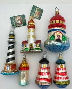 Lot of 6 Blown Glass Lighthouse Ornaments INGE Glas&OWC 3" to 5.5" tall Germany - Picture 1 of 2