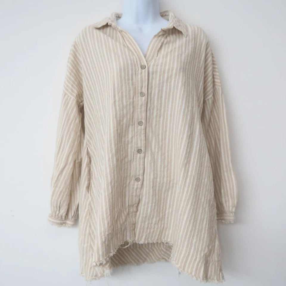 Camisa By Together para mujer mezcla de lino pequeña beige a rayas abotonadas Lagenlook Foto 1 de 4