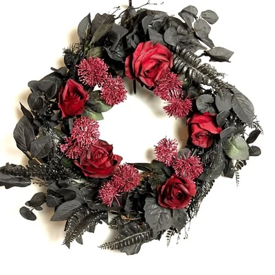 Gothic Red Rose and Black Leaf Faux Floral Wreath 20 Inch NIB - Image 1 of 3
