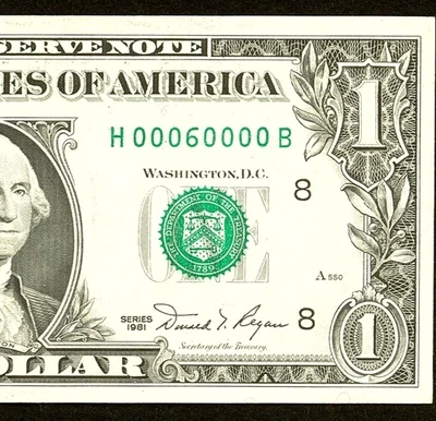 BINARY "Sixty Thousand" # 00060000 serial number $1 series 1981 Uncirculated - Image 1 of 3