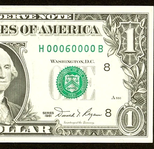BINARY "Sixty Thousand" # 00060000 series 1981 $1 = Uncirculated = non star - Image 1 of 3