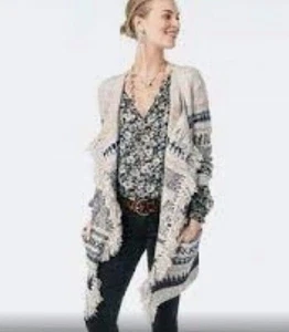 CAbi Strickjacke Shetland Fransen Damen XS grau offen Boho Azteken Longline 3701 - Bild 1 von 12